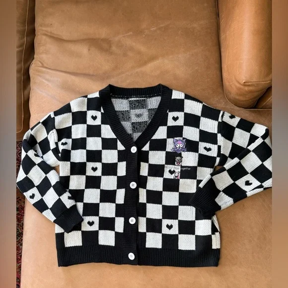 Kuromi Check Pattern Cardigan Women's L Black White Embroidered Anime Boxy Fit - Picture 1 of 5